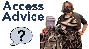 AccessAdvice text with a question mark is a speech bubble underneath, next to Elaine Short and a robot.