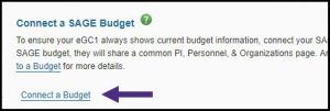 Screen shot of connecting a budget in SAGE