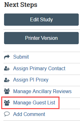 screenshot of the Manage Guest List activity in the study workspace