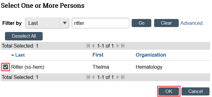 screenshot of the select person window showing the study guest being selected