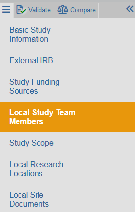 screenshot of the lefthand navigator with the Local Study Team Members page selected