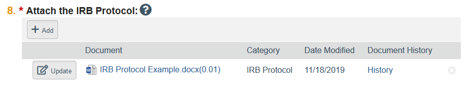 screenshot of the IRB protocol question