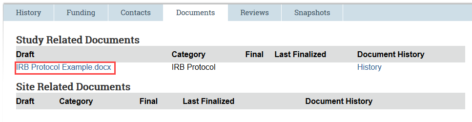 Screenshot of the draft study document in the documents tab