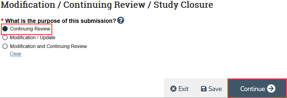 screenshot of the continuing review purpose page