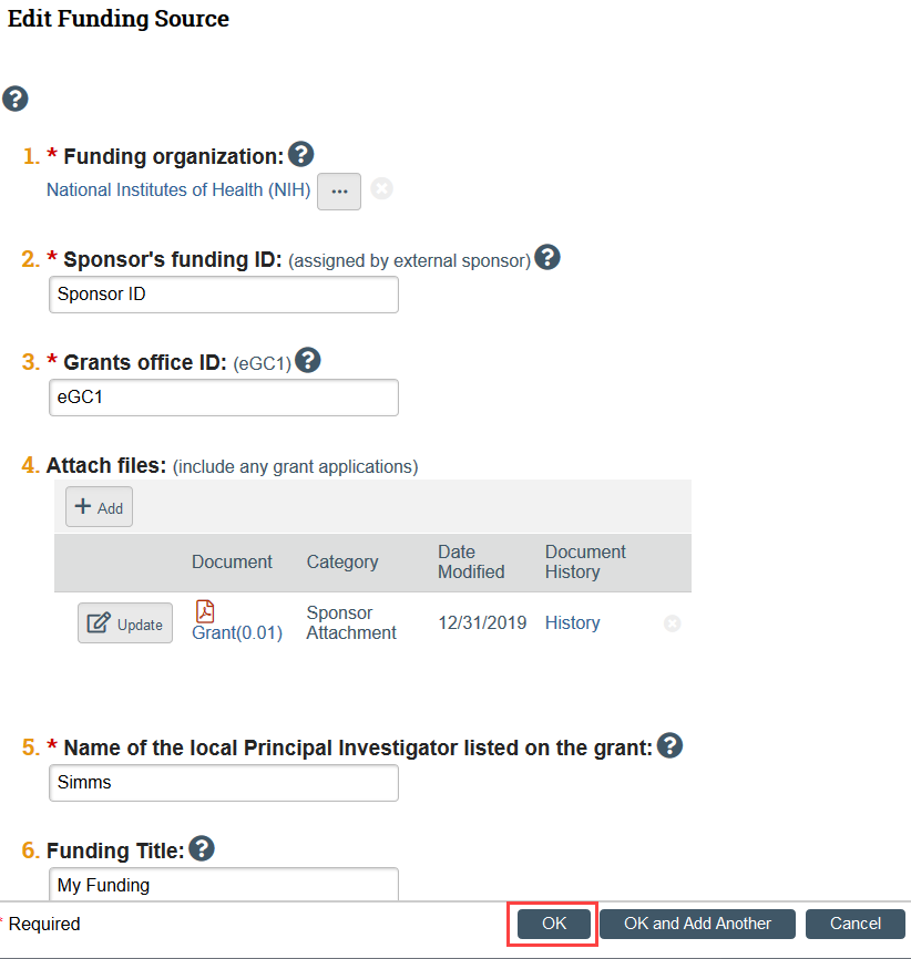 edit funding source window