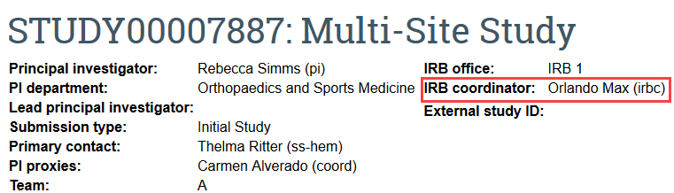 location of the IRB coordinator in the study workspace