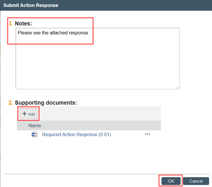 screenshot of the submit action response window