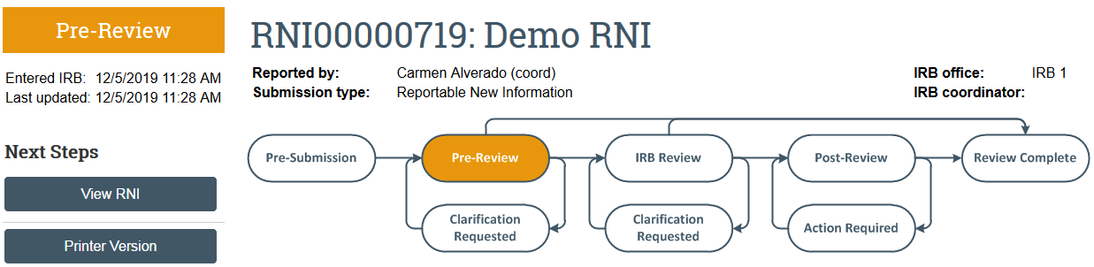 screenshot of the RNI in Pre-Review state