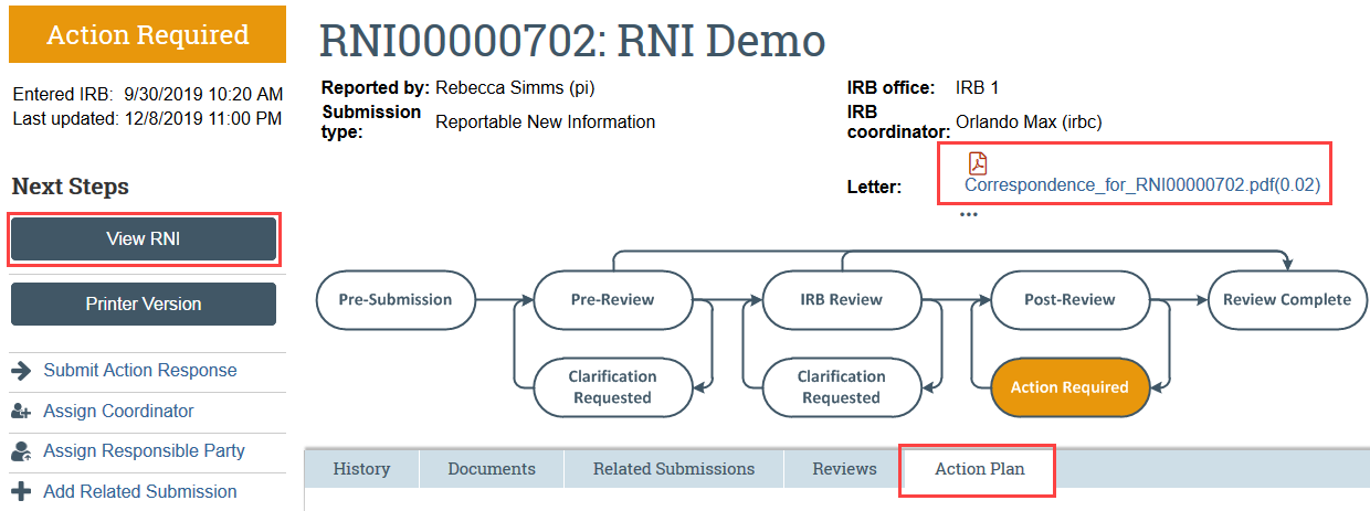 Screenshot of the RNI workspace with the action letter, view RNI, and action plan tab highlighted