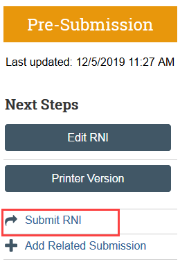 Screenshot of the Submit RNI button in Zipline