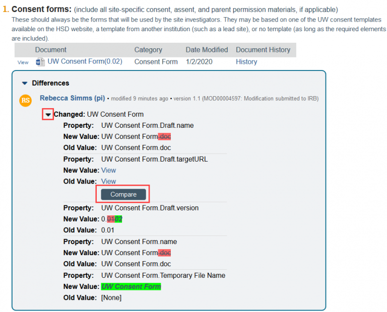 IRB Member Guide- Follow Ons- Mod Compare Doc Example - UW Research