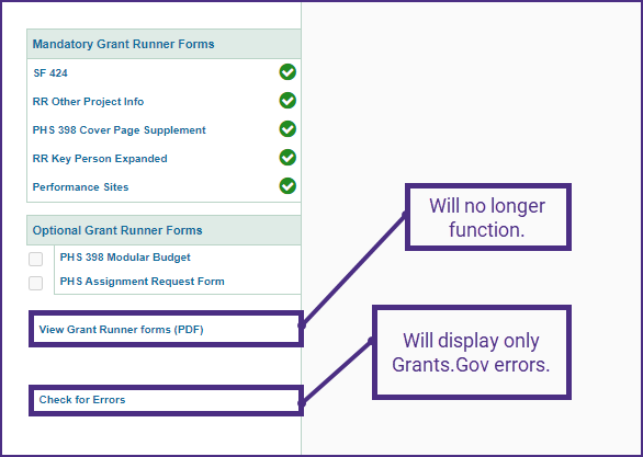 Screenshot showing the two functions that will not work following August 19: Check for Errors and View Grant Runner forms PDF buttons.