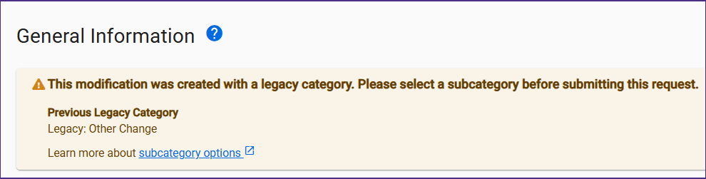 Screenshot showing a message requiring selection of a subcategory to replace a legacy category.