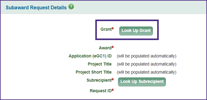 Screenshot of SAGE showing the "Look Up Grant" button.