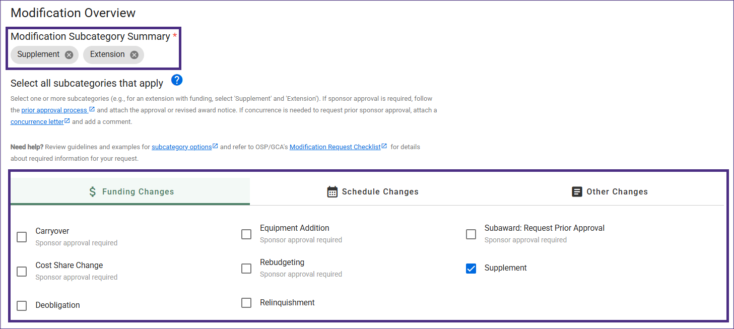 Screenshot showing the new Modification Request Subcategories