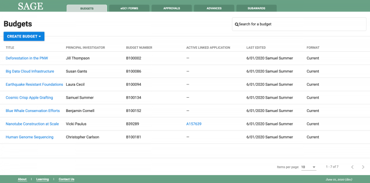 SAGE Budget Redesign budget list