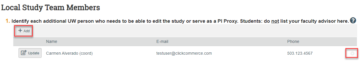 screenshot of the Local Study Team Members page with the add button and the remove button highlighted
