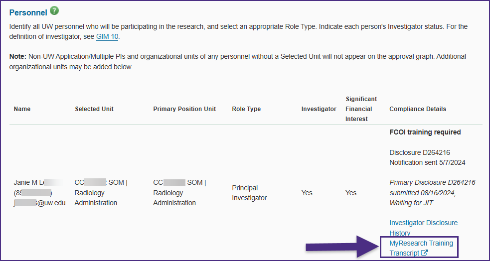 SAGE screenshot showing the location of the MyResearch Training Transcript link for an example PI in the eGC1 PIs, Personnel & Organizations section