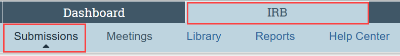 Submissions tab under the IRB menu