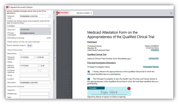 screenshot of the medicaid attestation form on the appropriateness of the qualified clinical trial