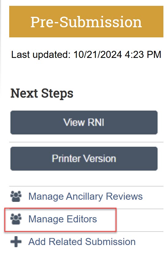 screenshot of the Manage Editors activity in a RNI submission in Zipline