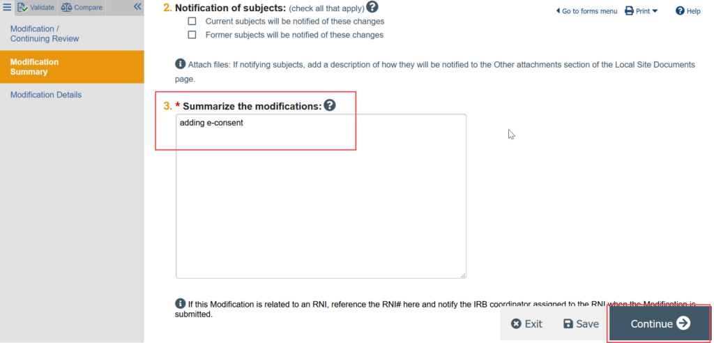 screenshot of the site modification summary smartform in Zipline