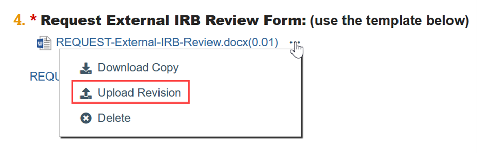 screenshot of clicking the ellipsis to upload a revision of the external IRB request form